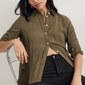 Madewell Crinkled Button Up Shirt Olive Green